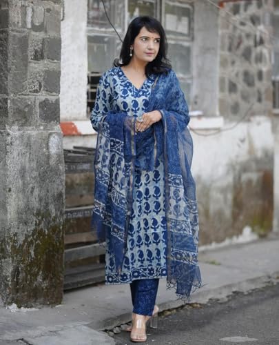 Alvami Viscose Women Kurta and Pant with Dupatta Set (XXL) Blue