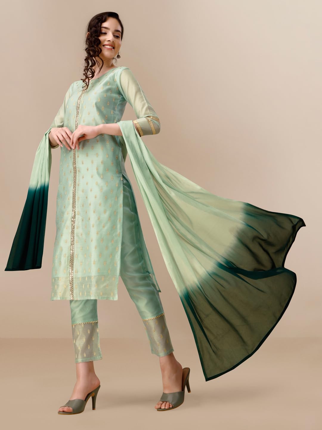 EthnicJunction Women's Chanderi Silk Jacquard Straight Kurta Pant & Dupatta Set