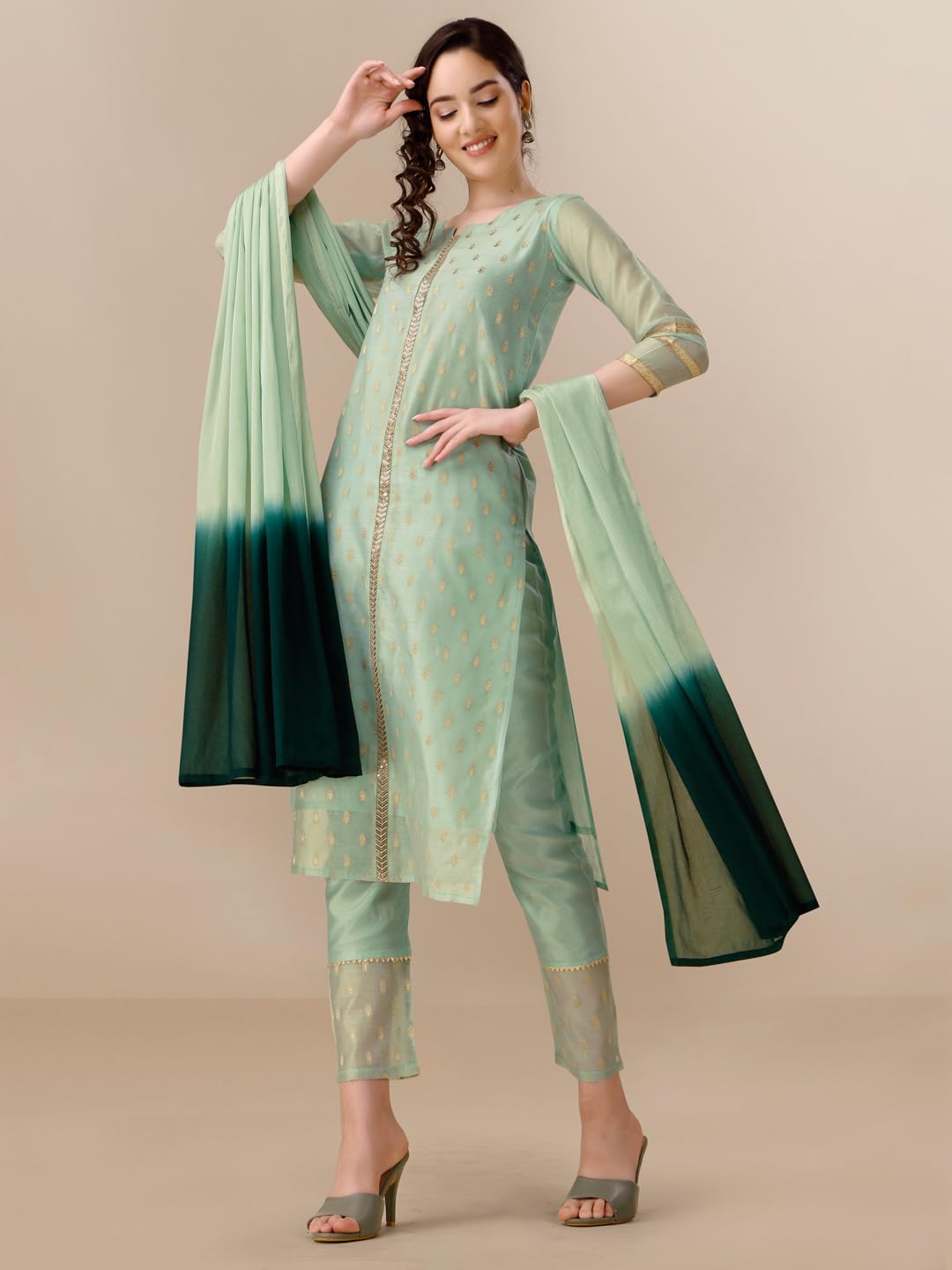 EthnicJunction Women's Chanderi Silk Jacquard Straight Kurta Pant & Dupatta Set