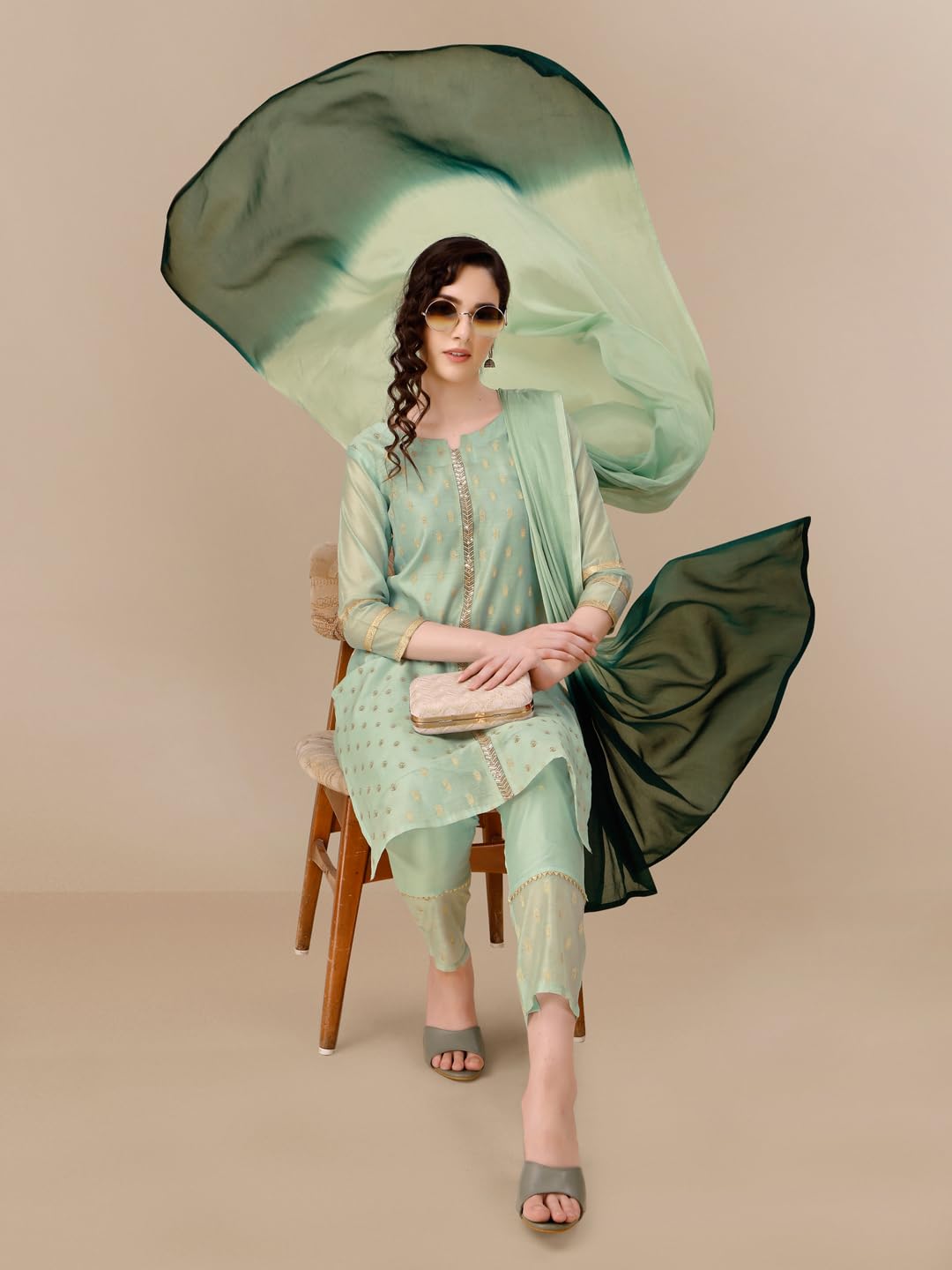 EthnicJunction Women's Chanderi Silk Jacquard Straight Kurta Pant & Dupatta Set