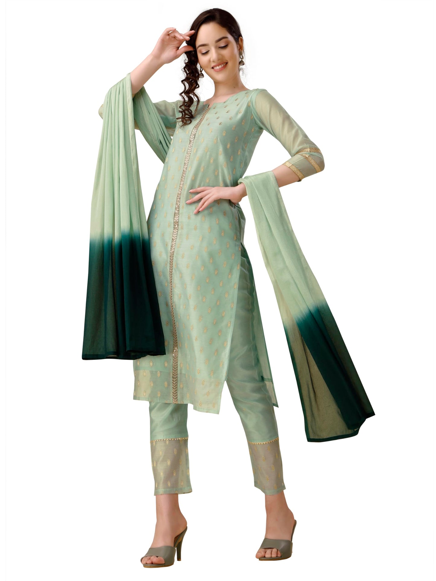EthnicJunction Women's Chanderi Silk Jacquard Straight Kurta Pant & Dupatta Set