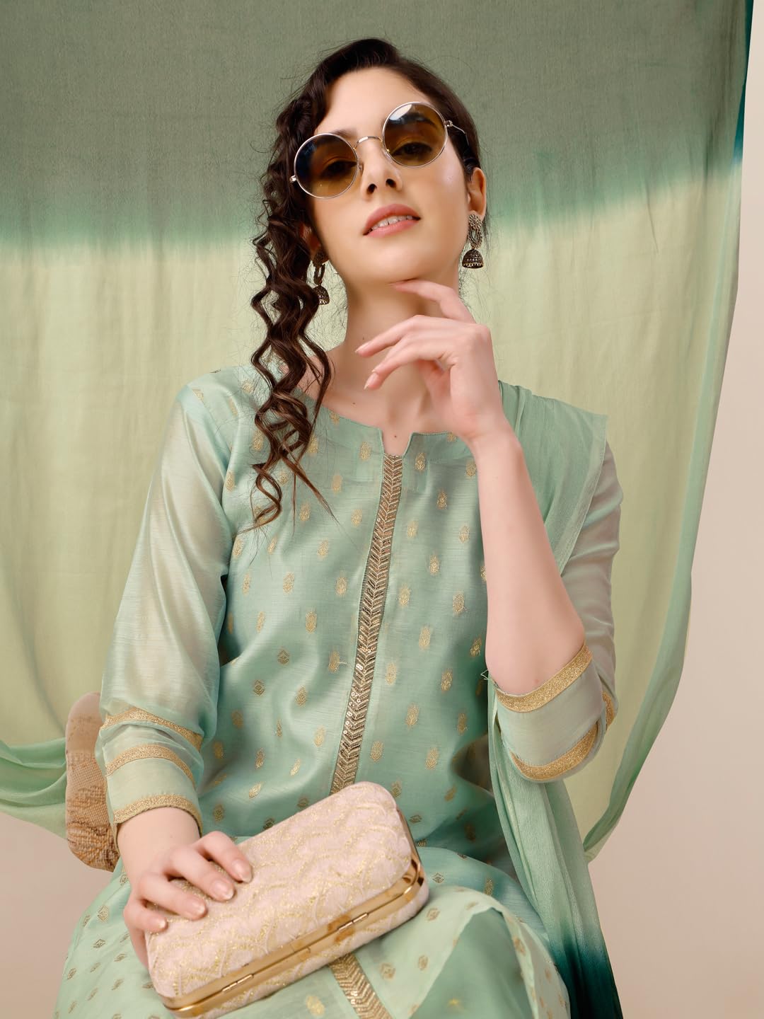 EthnicJunction Women's Chanderi Silk Jacquard Straight Kurta Pant & Dupatta Set