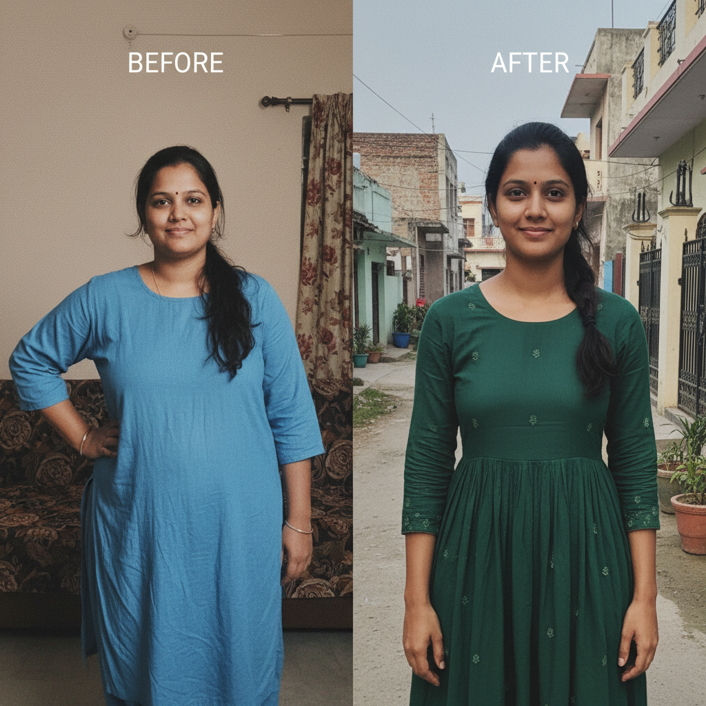 Before and after weight loss transformation using Akkira Foods Weight Loss Powder - Real customer results