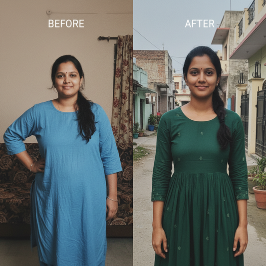 Before and after weight loss transformation using Akkira Foods Weight Loss Powder - Real customer results