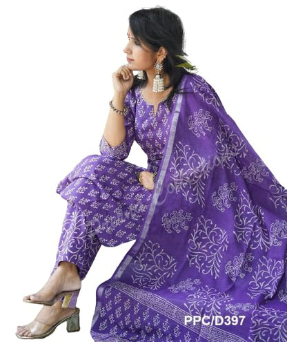 MEERA FAB Women's Cotton Printed Straight Kurta With Palazzo & Dupatta Set, Purple XL