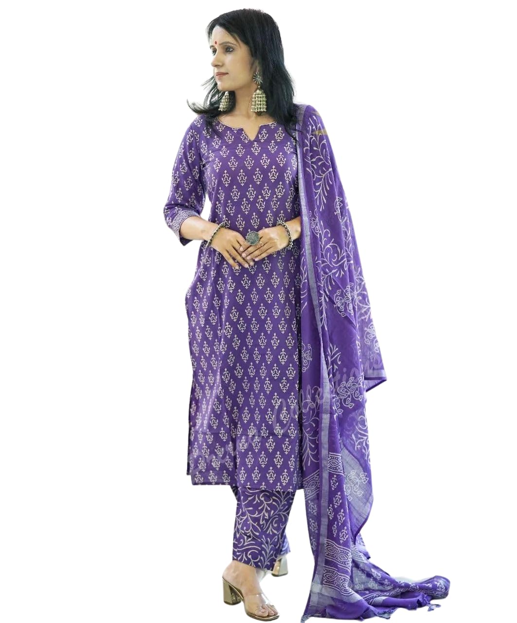 MEERA FAB Women's Cotton Printed Straight Kurta With Palazzo & Dupatta Set, Purple XL