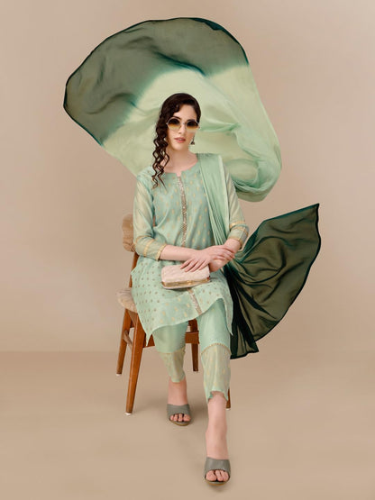 EthnicJunction Women's Chanderi Silk Jacquard Straight Kurta Pant & Dupatta Set