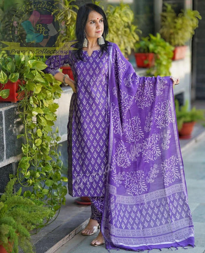 MEERA FAB Women's Cotton Printed Straight Kurta With Palazzo & Dupatta Set, Purple XL