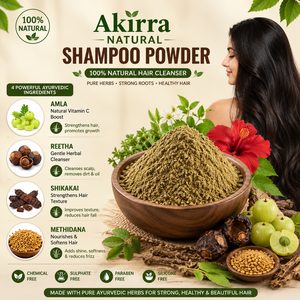 Akirra Natural Shampoo Powder advertisement with a wooden bowl of powder, herbs, and a woman with long hair.