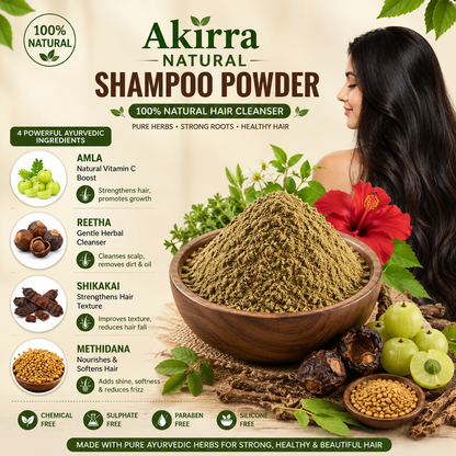Akirra Natural Shampoo Powder advertisement with a wooden bowl of powder, herbs, and a woman with long hair.