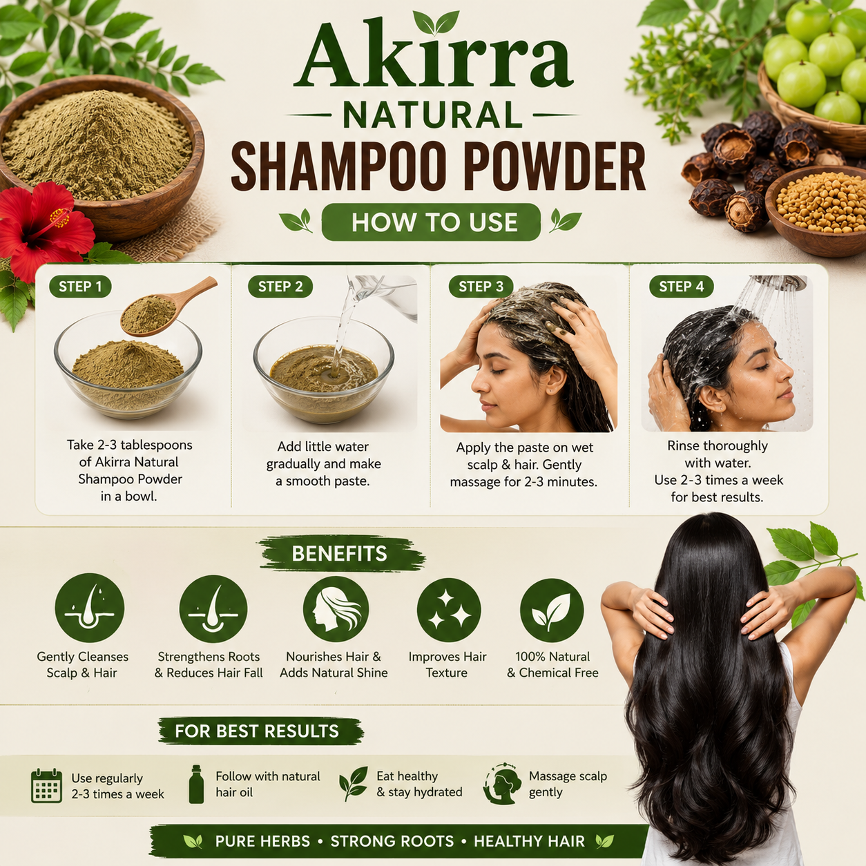Akirra Natural Shampoo Powder usage guide with steps and benefits on a light background.