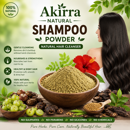 Akirra Natural Shampoo Powder advertisement with a woman, bowl of powder, and natural ingredients.