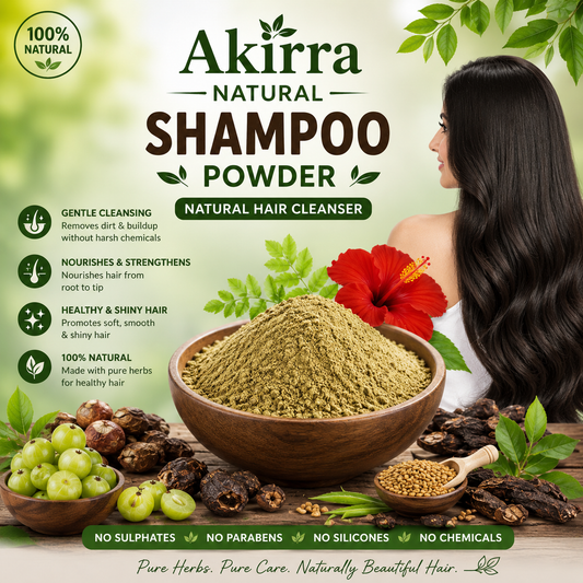 Akirra Natural Shampoo Powder advertisement with a woman, bowl of powder, and natural ingredients.