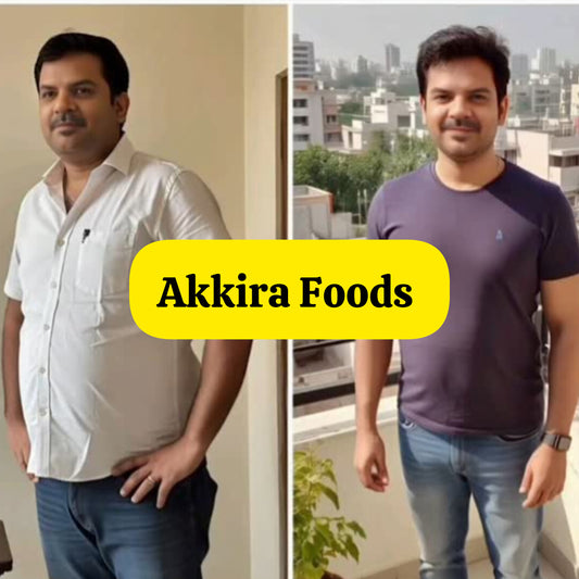 Before and after images showing men's weight loss transformation with Akkira Foods natural weight loss powder supplement for men and women.