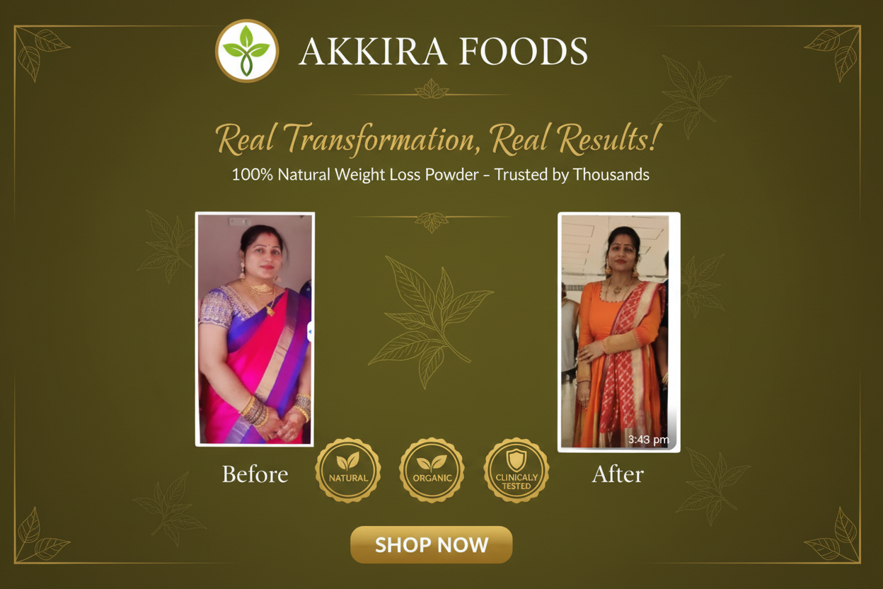 Advertisement for Akkira Foods weight loss powder showing before and after effects on a woman.