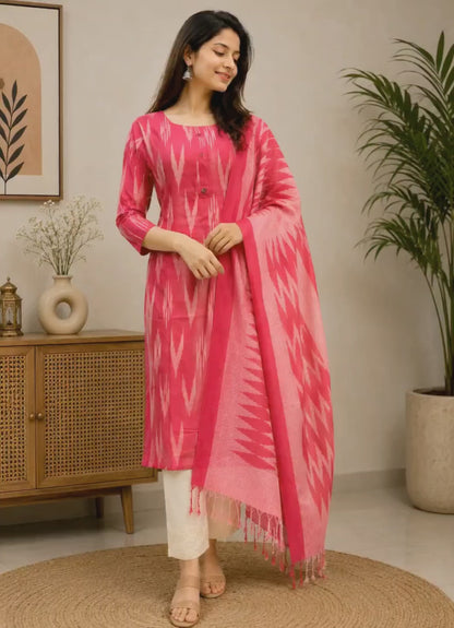 Women's Pink Ikat Print Cotton Kurta Pant Dupatta Set – Straight Fit Ethnic Wear