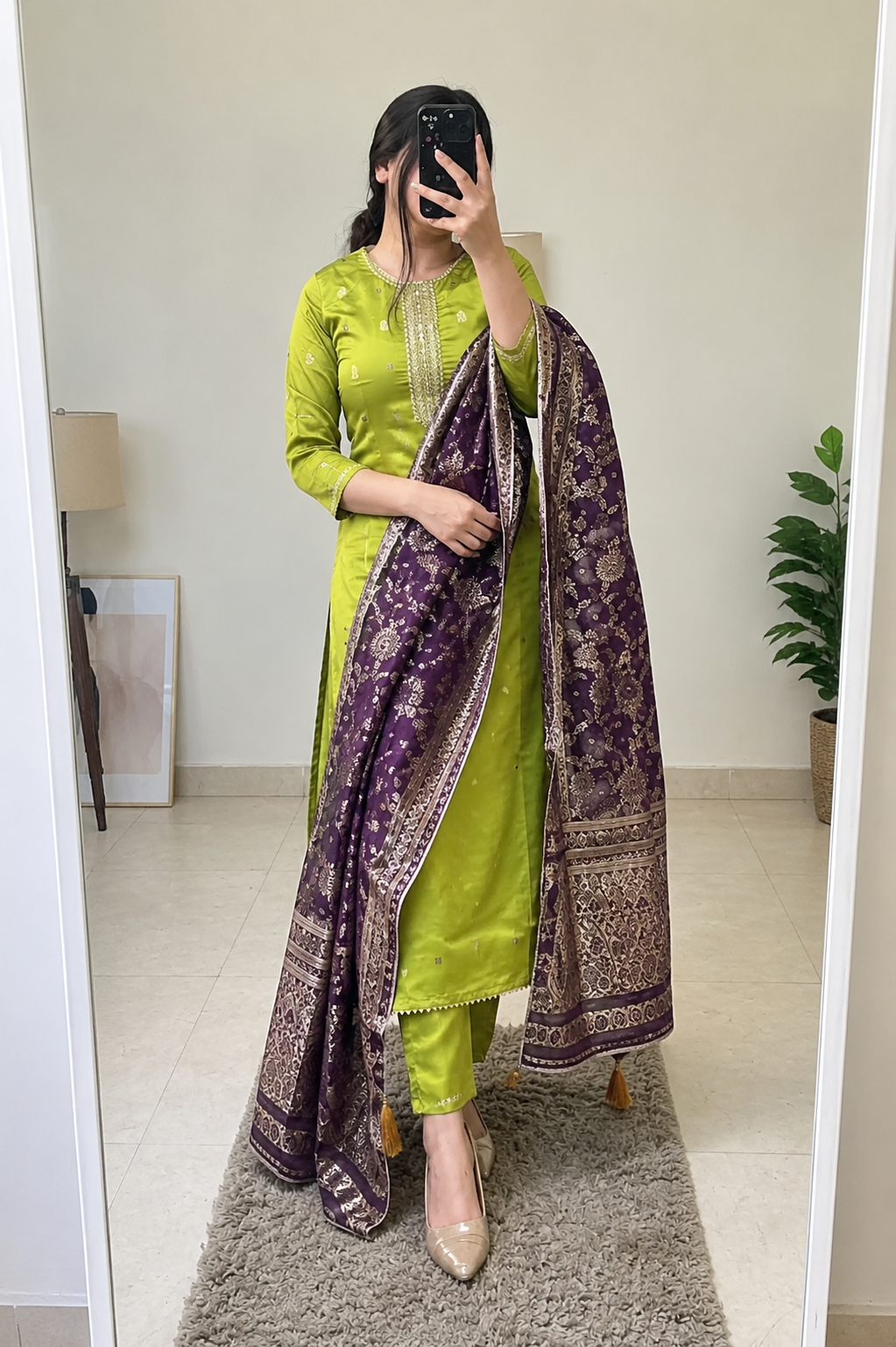 Women's Lime Green Straight Kurta Pant Set with Purple Banarasi Jacquard Dupatta | Festive Ethnic Wear | Traditional Suit Set for Women