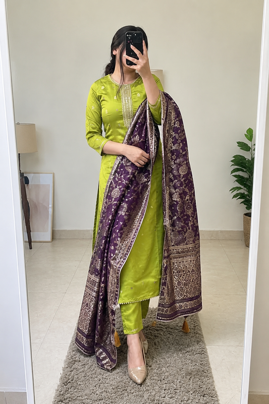 Women's Lime Green Straight Kurta Pant Set with Purple Banarasi Jacquard Dupatta | Festive Ethnic Wear | Traditional Suit Set for Women