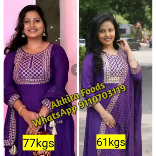 Akkira Foods natural weight loss powder for men and women, 1-month supply, in a container with a scoop on a white background.