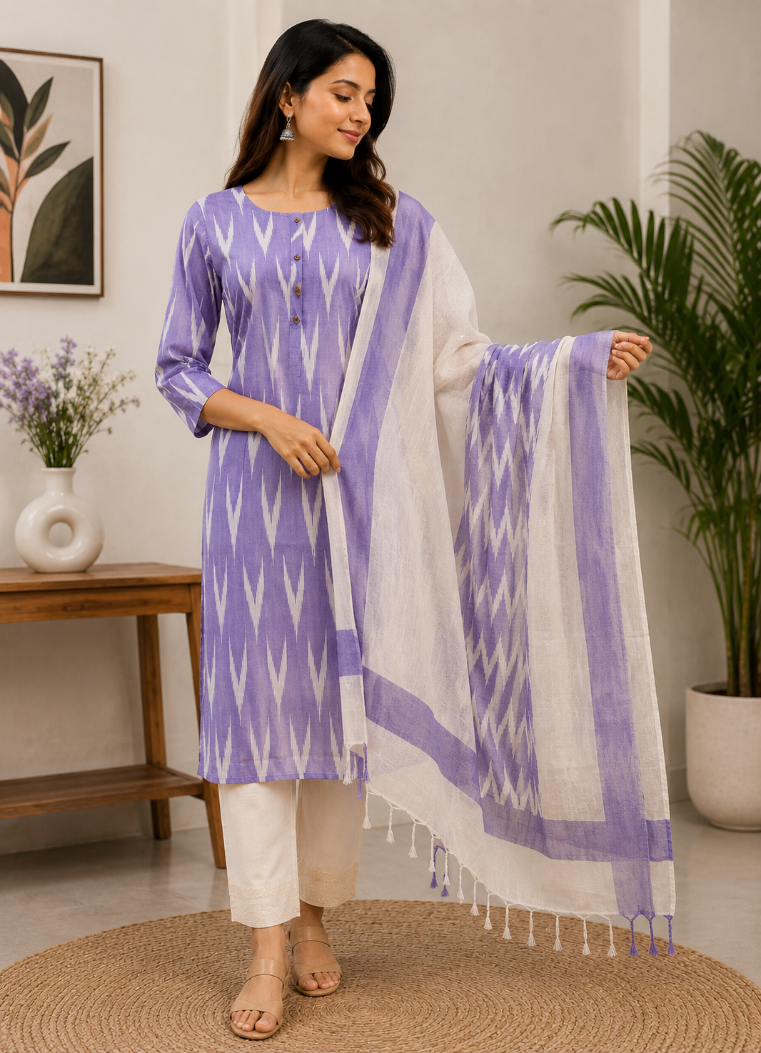 Women's Pink Ikat Print Cotton Kurta Pant Dupatta Set – Straight Fit Ethnic Wear