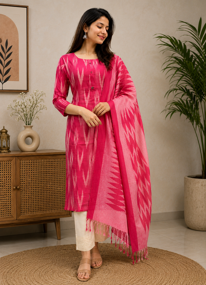 Women's Pink Ikat Print Cotton Kurta Pant Dupatta Set – Straight Fit Ethnic Wear