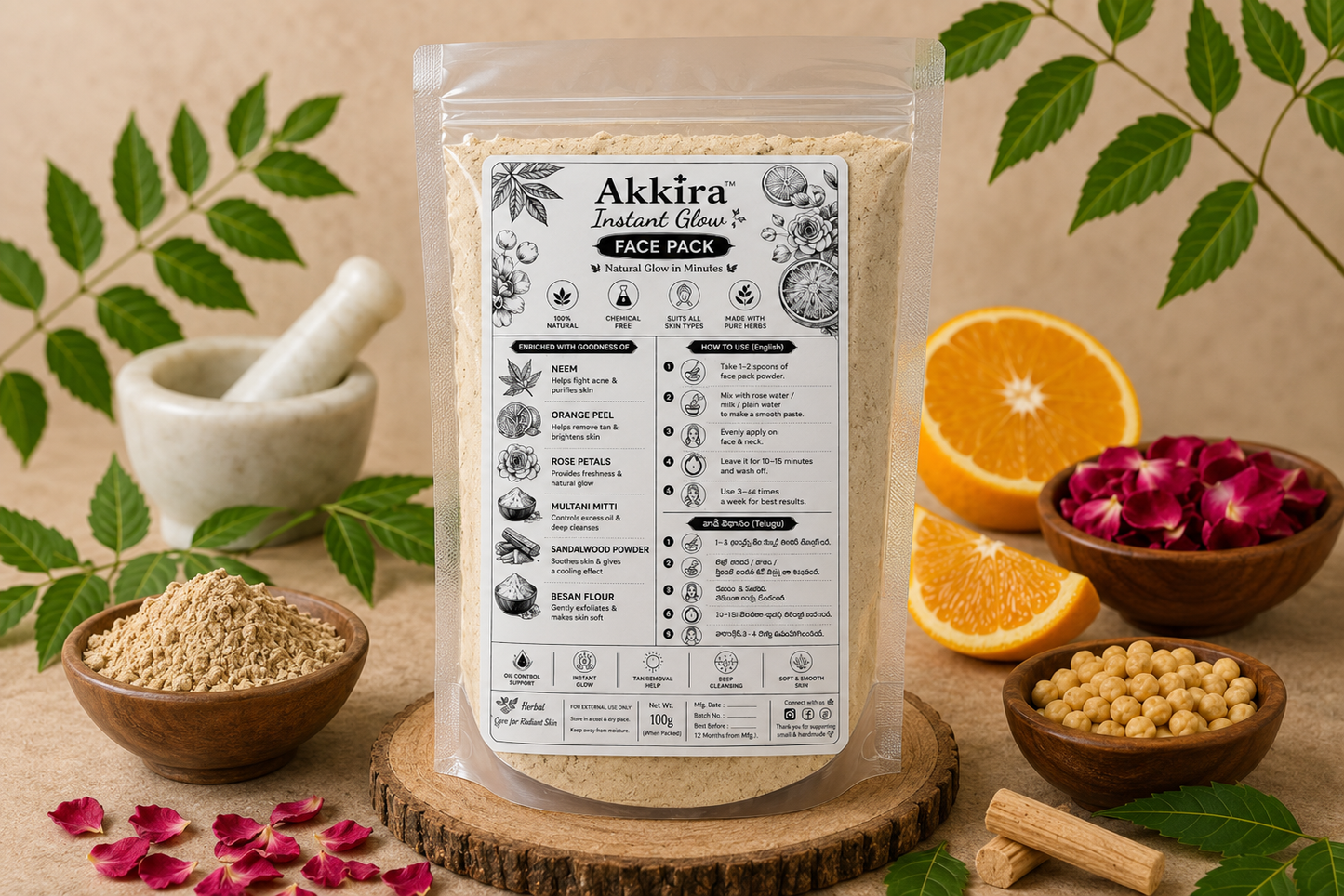 Instant Glow Face Pack – Natural Herbal Face Pack with Neem, Sandalwood & Rose | Akkira Foods