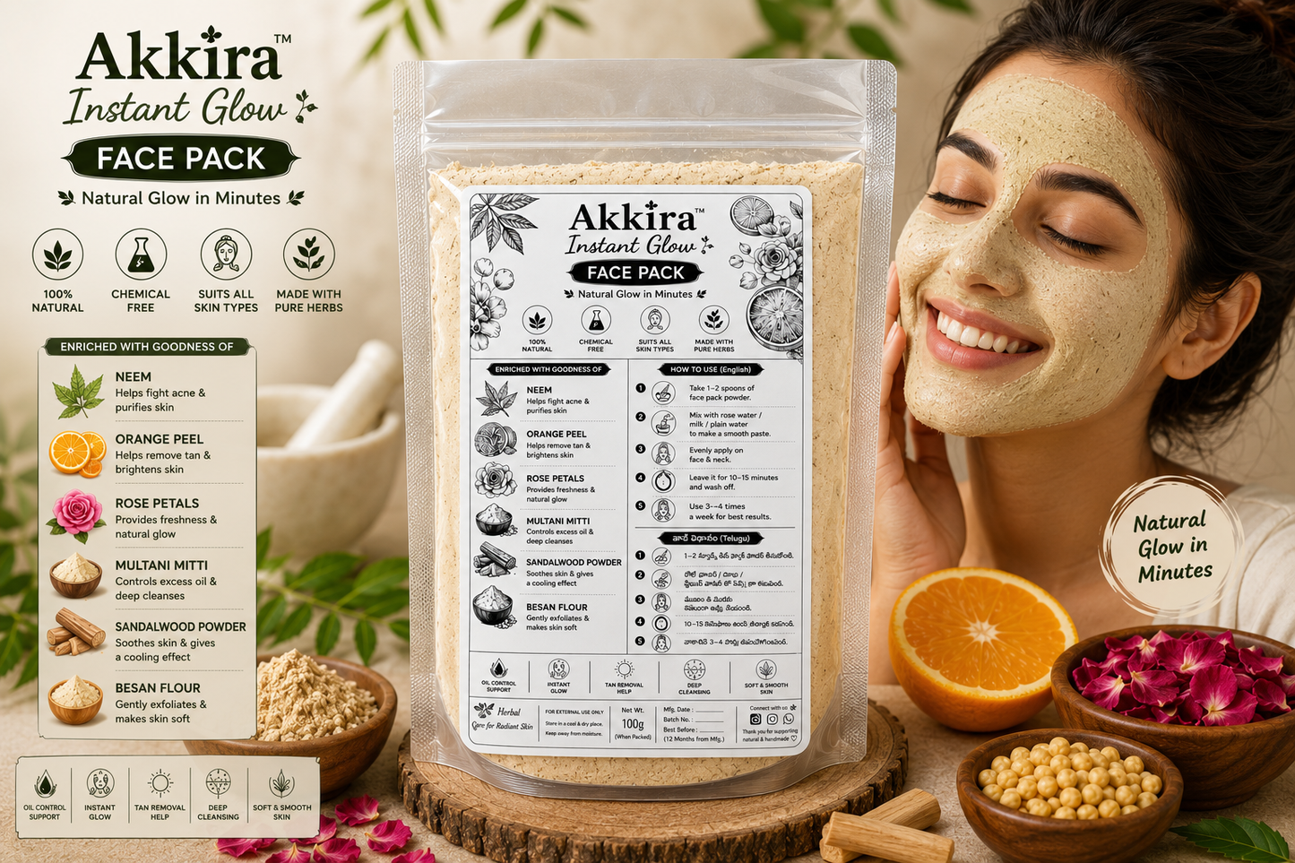 Instant Glow Face Pack – Natural Herbal Face Pack with Neem, Sandalwood & Rose | Akkira Foods