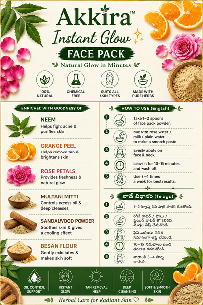 Akkira Foods Instant Glow Face Pack in a white jar with a green label, showcasing the skincare product and its packaging.