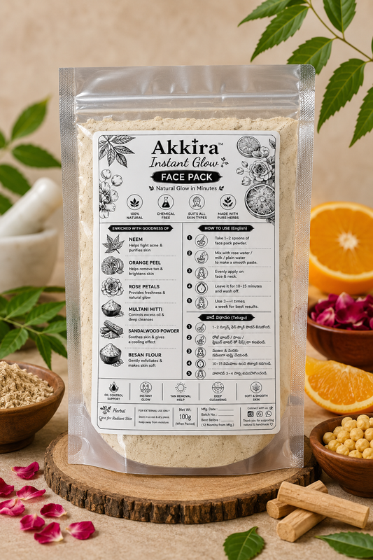 Akkira Foods Instant Glow Face Pack in a jar, showcasing the natural ingredients and smooth creamy texture for radiant skin.