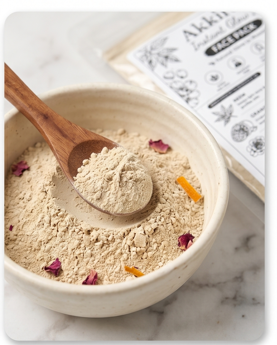 Akkira Foods Instant Glow Face Pack in a jar, showcasing vibrant ingredients and a smooth, creamy texture for radiant skin.
