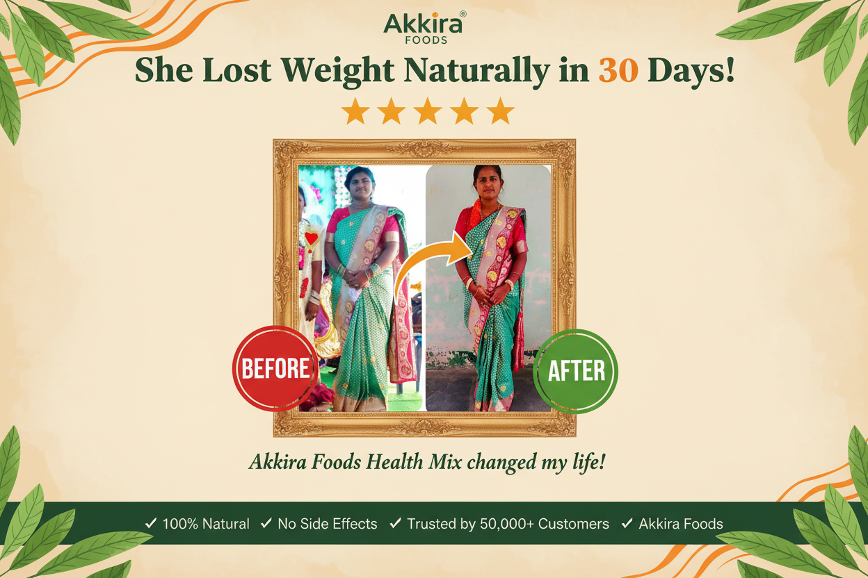 Advertisement for Akkira Foods health mix showing weight loss before and after effects.